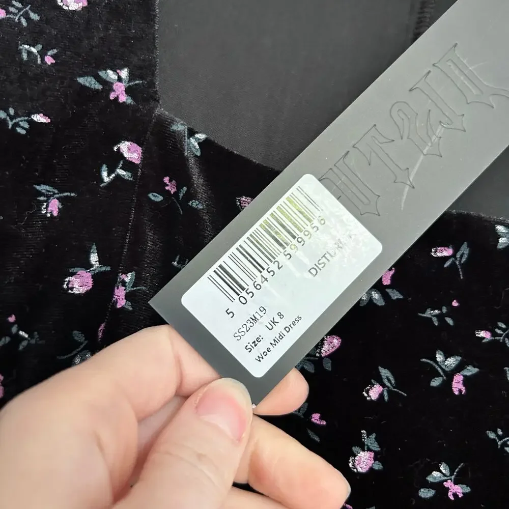 NWT Disturbia Woe Floral Midi Dress Velvet Womens 4 Black Square Neck Whimsigoth - Picture 8 of 12